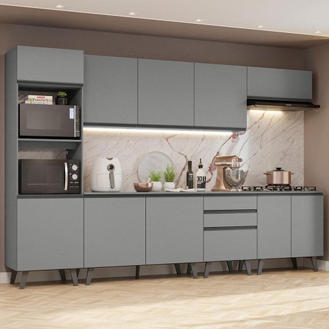 Armário De Cozinha Completa 320Cm Cinza Nice Madesa 06 Cinza
