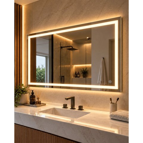 Espelho LED 3 Cores 100x80 cm Retangular Jateado Lapidado Iluminado Luz Frontal 80x100