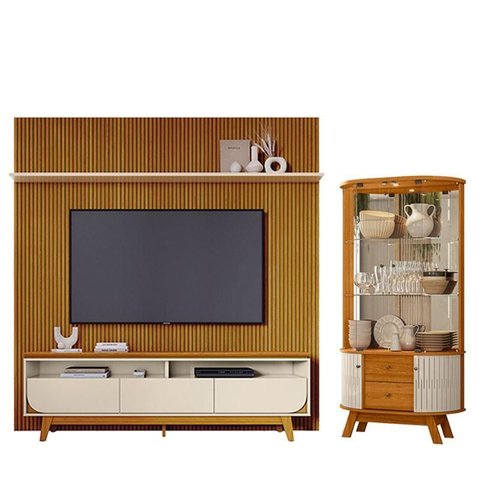 Estante Home Theater com Bancada Suspensa Luna com Cristaleira Moss Cinamomo Off White - Madetec