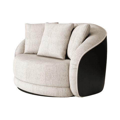 Poltrona Moderna P/ Sala 122cm Base Giratória Luxo Estofada Linho Cinza Courino Preto C/ Almofadas