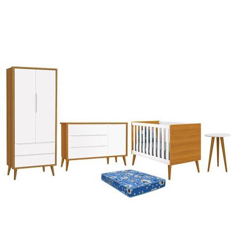 Dormitório Infantil Theo Retrô 2 Portas, Cômoda 1 Porta, Berço, Mesa de Apoio Branco/Savana com