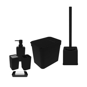 Lixeira e Jogo Banheiro Preto Porta Sabonete Escova Algodao 6un