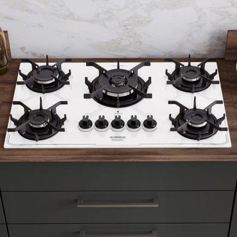 Cooktop Tripla Chama Itatiaia Itamaster 5 Bocas Vidro Temperado Branco Bivolt