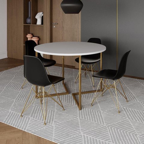Mesa Jantar Industrial Redonda 110Cm Branca Base V Dourada Com 4 Cadeiras Pretas Base D Cor: Branco