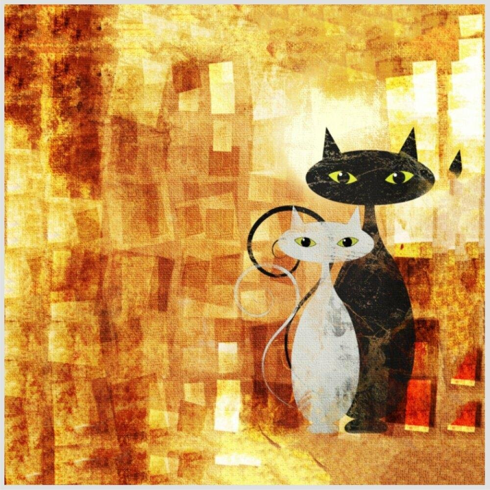 Quadro Animais Gatos Vintage Tela Moldura Branca 60X60Cm - 2