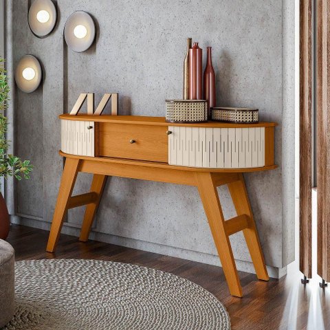 Aparador de Sala Pés Retrô de Madeira 136cm Fiorano M20 - D'Rossi Cor Cinamomo e Off White