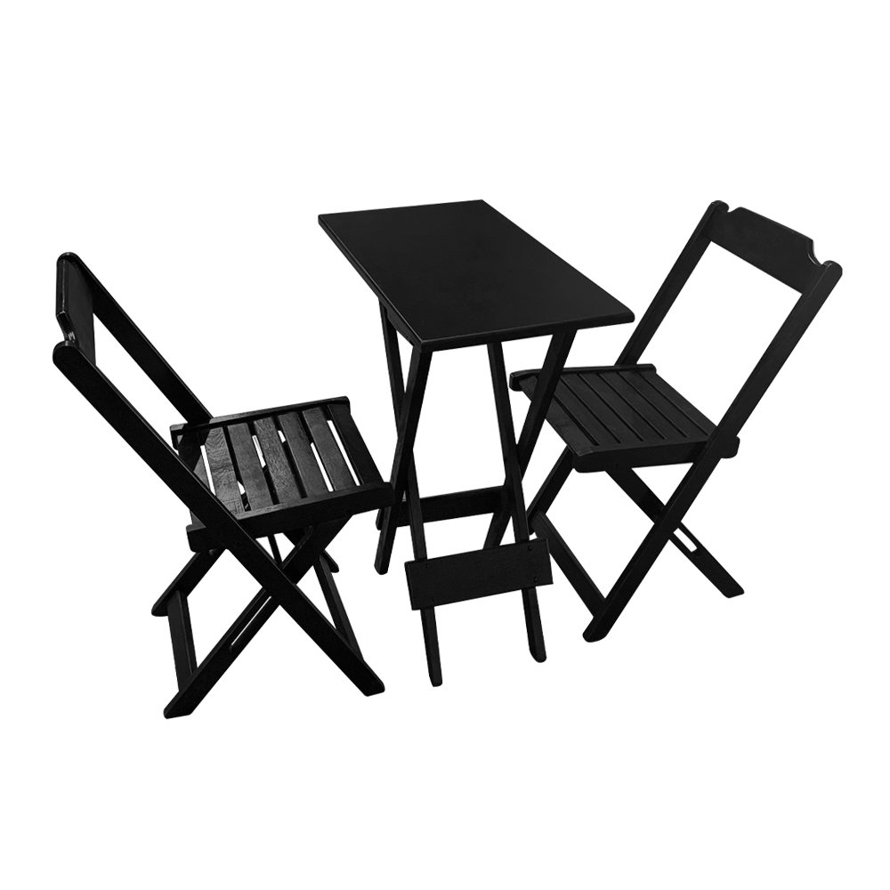 Jogo de Mesa Compacta 35x70 com 2 Cadeiras Ideal para Varanda e Sacada - Preto