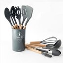 Ver imagem 4 de Kit C/ 12 Utensílios Cozinha Silicone Cabo Madeira Preto