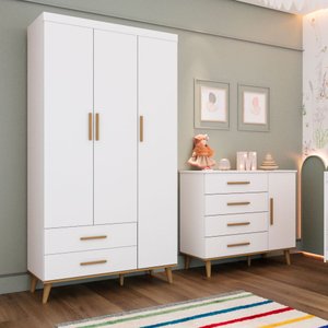 Quarto de Bebê Ludmila Retrô Guarda Roupa Cômoda Infantil com Fraldario