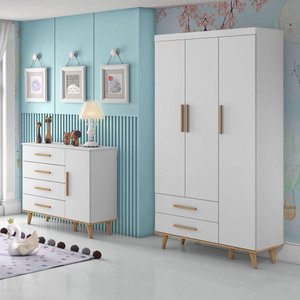 Quarto de Bebê Ludmila Retrô Guarda Roupa 3 Portas com Gavetas Cômoda Infantil 4 Gavetas com