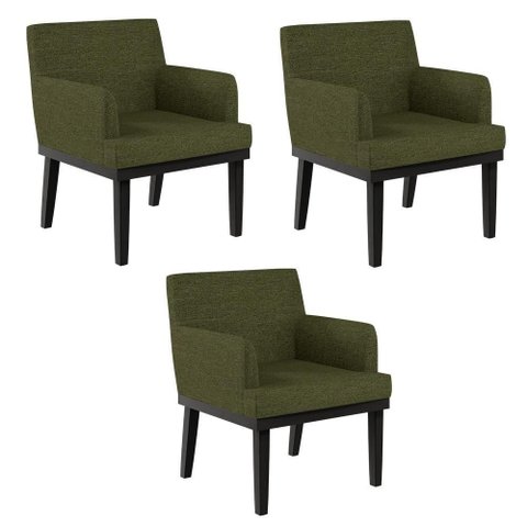 Kit 03 Poltronas Decorativas para Sala de Estar Base Preto Beatriz W01 Linho Verde - Lyam Decor