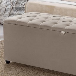 Recamier Baú Berlim Veludo Bege Queen 1,50m Estofado Pés Pvc Preto - 3