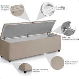 Recamier Baú Berlim Veludo Bege Queen 1,50m Estofado Pés Pvc Preto - 5