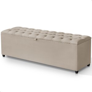 Recamier Baú Berlim Veludo Bege Queen 1,50m Estofado Pés Pvc Preto