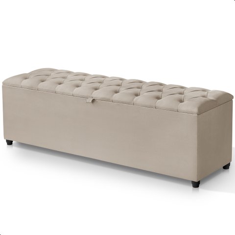 Recamier Baú Berlim Veludo Bege Queen 1,50m Estofado Pés Pvc Preto