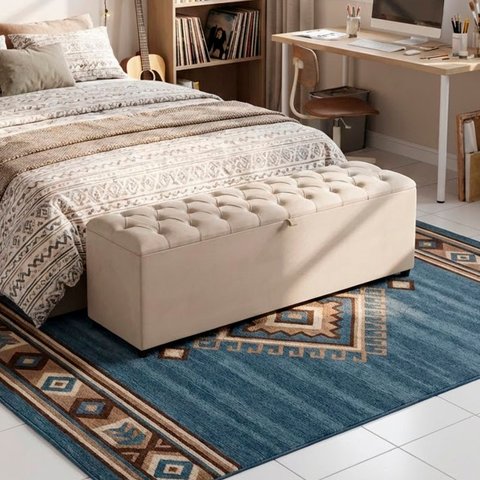Recamier Baú Berlim Veludo Bege Queen 1,50m Estofado Pés PVC Preto