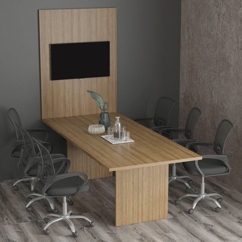 Kit com Mesa para Reunião 6 Lugares e Painel para TV até 37 Polegadas Marrom/Amendoa