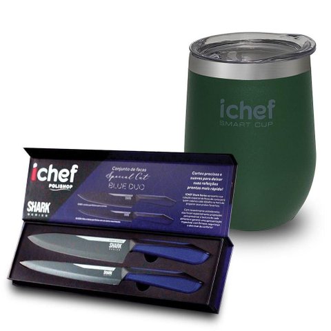 Facas Ichef Special Cut Azul e Copo Térmico com Tampa Ichef Smart Cup 350ml | Copo Verde