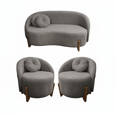 Kit 01 Sofá + 02 Poltronas Orgânicos c/ Almofadas Curvo Sala Recepção Amsterdã Boucle Cinza