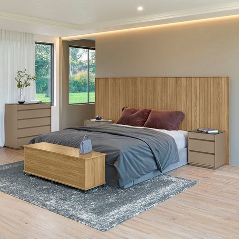 Conjunto Cabeceira Florença King/Casal + Cômoda + Mesa de Cabeceira +Baú Cinza/Hannover/Fendi