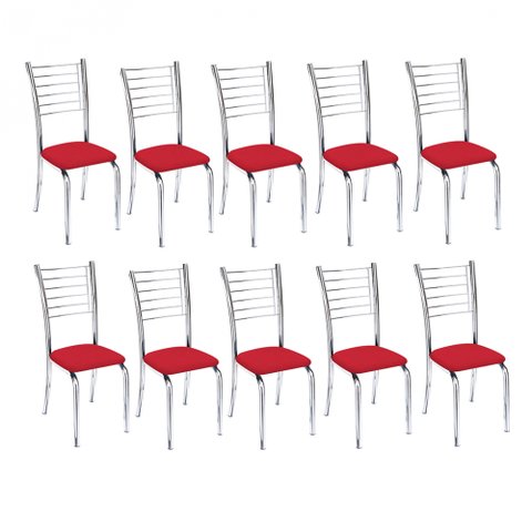Kit 10 cadeiras Lara cromada para cozinha-Corino vermelho-Gat Magazine