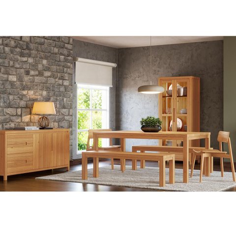Conjunto Sala Jantar Nature: Cristaleira, Buffet, Mesa, Banco e Cadeiras Madeira Pinus Rústico Claro