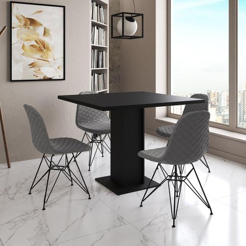 Mesa Jantar Londres Quadrada Preta 90cm 4 Cadeiras Estofadas Grafite Eames Ferro Preto