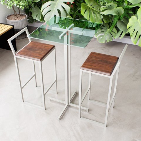 Conjunto Mesa Alta Bar Bistrô Quadrada Vidro 2 Banquetas Imbuia Industrial White Don Castro Decor In