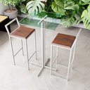 Ver imagem 1 de Conjunto Mesa Alta Bar Bistrô Quadrada Vidro 2 Banquetas Imbuia Industrial White Don Castro Decor In