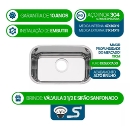Cuba Pia Inox 304 Cozinha Nº1 47x30x19 As Luxo - 2
