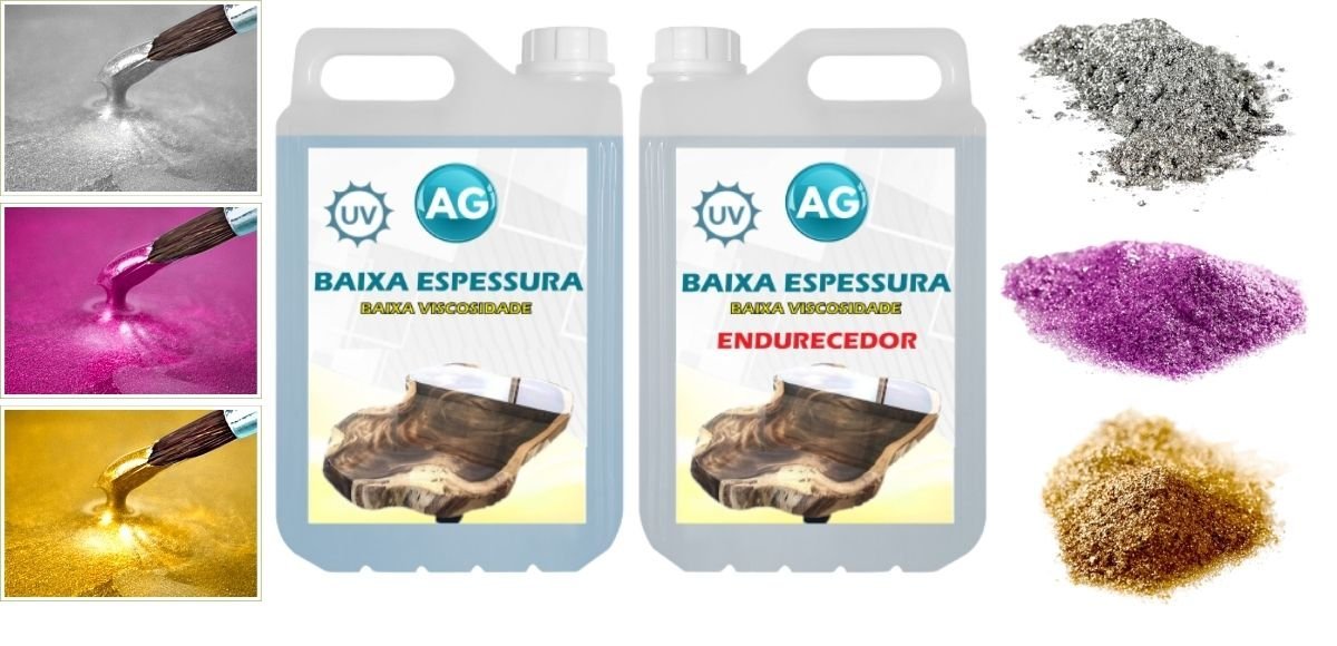Resina Baixa Espessura 5KG + 3 Cores Metálicas Resinas ag Resina Epoxi - 3