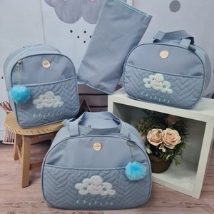 Bolsa maternidade bebê kit 4 peças Nuvem azul impermeável