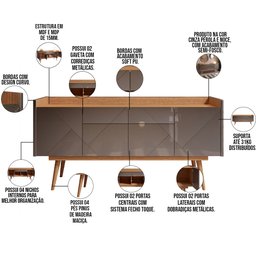 Kit Aparador Buffet Para Sala Veneza Com Espelho Caribe Preto C03 Cinza Pérola Noce - Lyam Decor - 6 Kit Aparador Buffet Para Sala Veneza Com Espelho Caribe Preto C03 Cinza Pérola Noce - Lyam Decor - 6