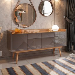 Kit Aparador Buffet Para Sala Veneza Com Espelho Caribe Preto C03 Cinza Pérola Noce - Lyam Decor - 2 Kit Aparador Buffet Para Sala Veneza Com Espelho Caribe Preto C03 Cinza Pérola Noce - Lyam Decor - 2