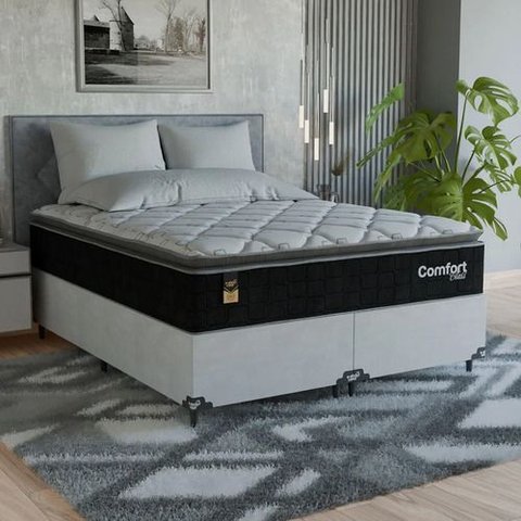 Cama Box Queen + Colchão Comfort Class Pillow Top 158x198cm Preto/suede Branco