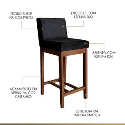 Kit 5 Banquetas Média Preto Lisboa Suede 90 Cm Madeira Maciça CCS - 3