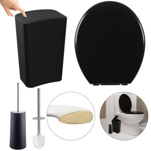 Assento Sanitário Oval Almofadado Preto + Lixeira Preta 8l Tampa Click + Escova Sanitária Base Preta