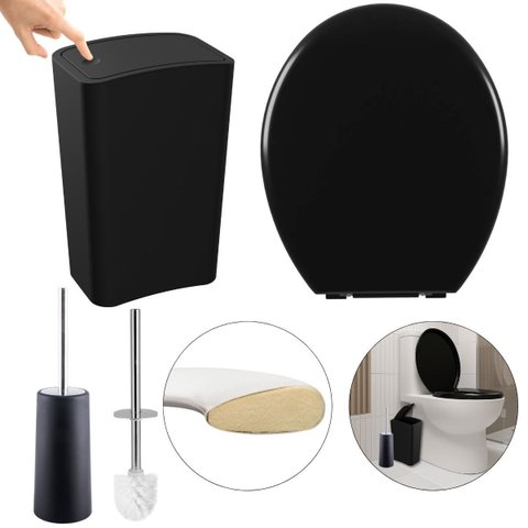 Assento Sanitário Oval Almofadado Preto + Lixeira Preta 8l Tampa Click + Escova Sanitária Base Preta