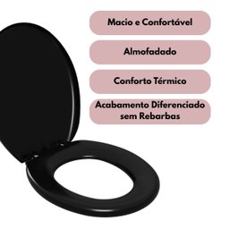 Assento Sanitário Oval Almofadado Preto + Lixeira Preta 8l Tampa Click + Escova Sanitária Base Preta - 5