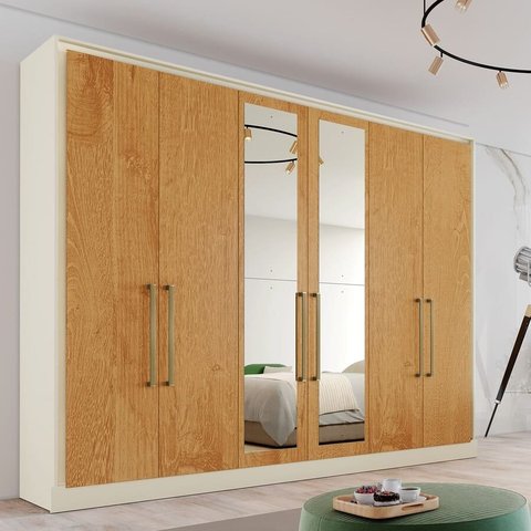 Guarda Roupa Argos 6 Portas Espelhado 100% Mdf Off White/peroba - Made Marcs