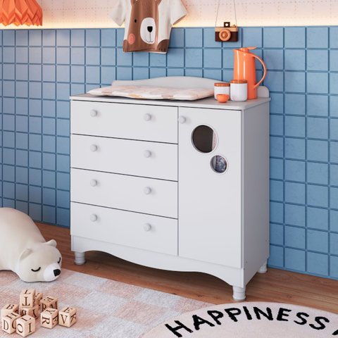 Cômoda Infantil 4 Gavetas 1 Porta Encanto Branco Completa Móveis