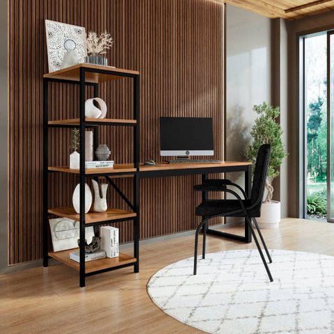 Escrivaninha Office Prateleira Industrial Moderna Cor Canela