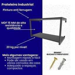 Prateleira Industrial Suspensa Estante Parede Nicho Cinza Ferro e Madeira Suporte Pratileira - 3