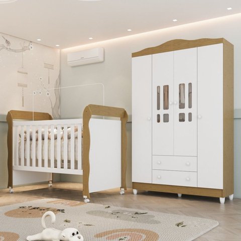 Conjunto Quarto Bebê Berço Mini Cama Mirelle Guarda Roupa 4 Portas 100% MDF Branco/Bétula