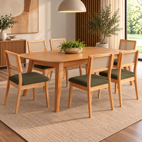 Kit Conjunto Sala de Jantar Mesa Retrô Retangular 180 cm 6 Cadeiras Estofadas MDF Carvalho Rose/ Ver