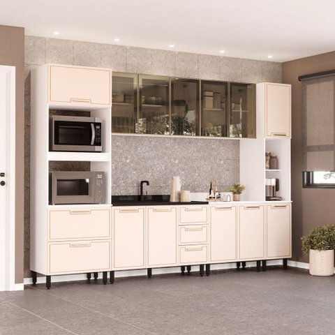 Cozinha Completa Amara 13 Portas 4 Gavetas com Vidro 40250777 Creme/branco - Politorno