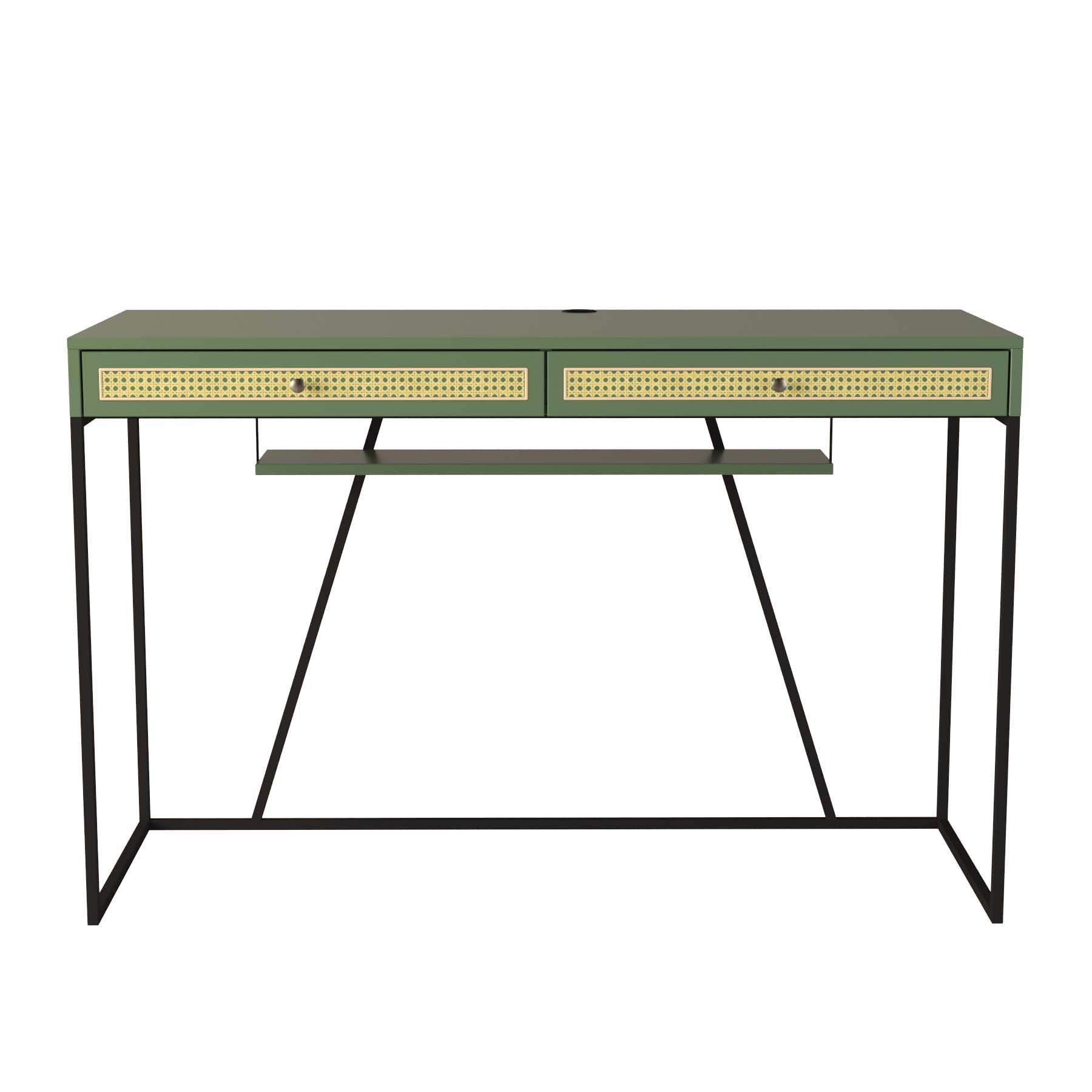 Escrivaninha New York 120 Cm 2 Gavetas Palhinha Base Metal Laca Verde