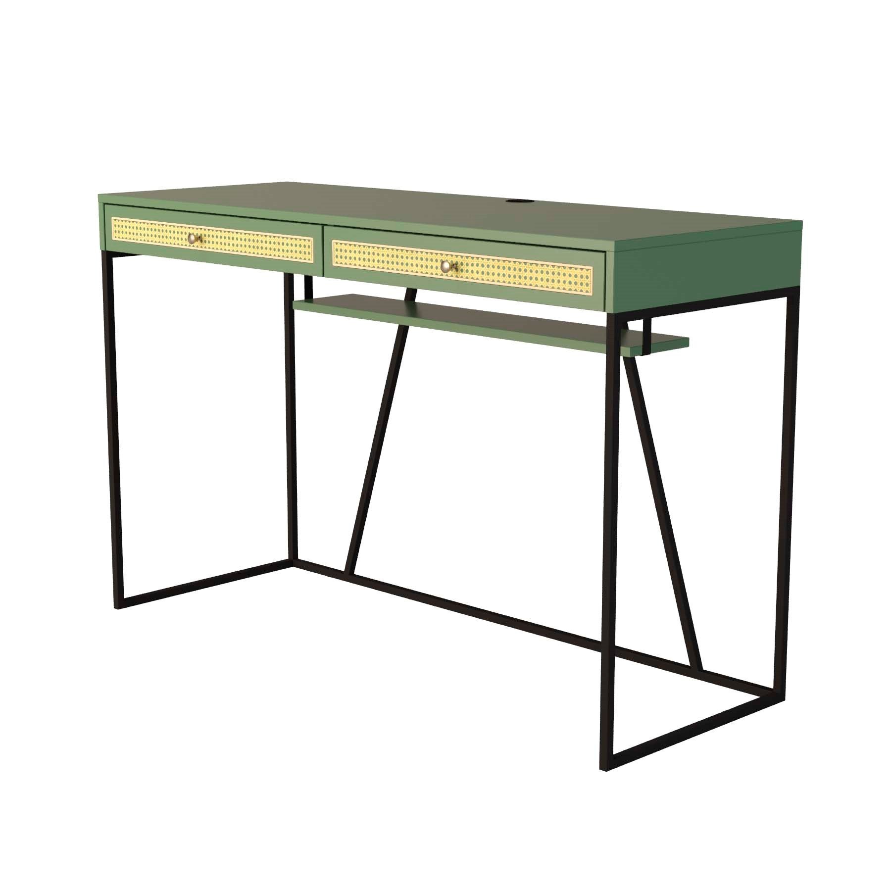 Escrivaninha New York 120 Cm 2 Gavetas Palhinha Base Metal Laca Verde - 4