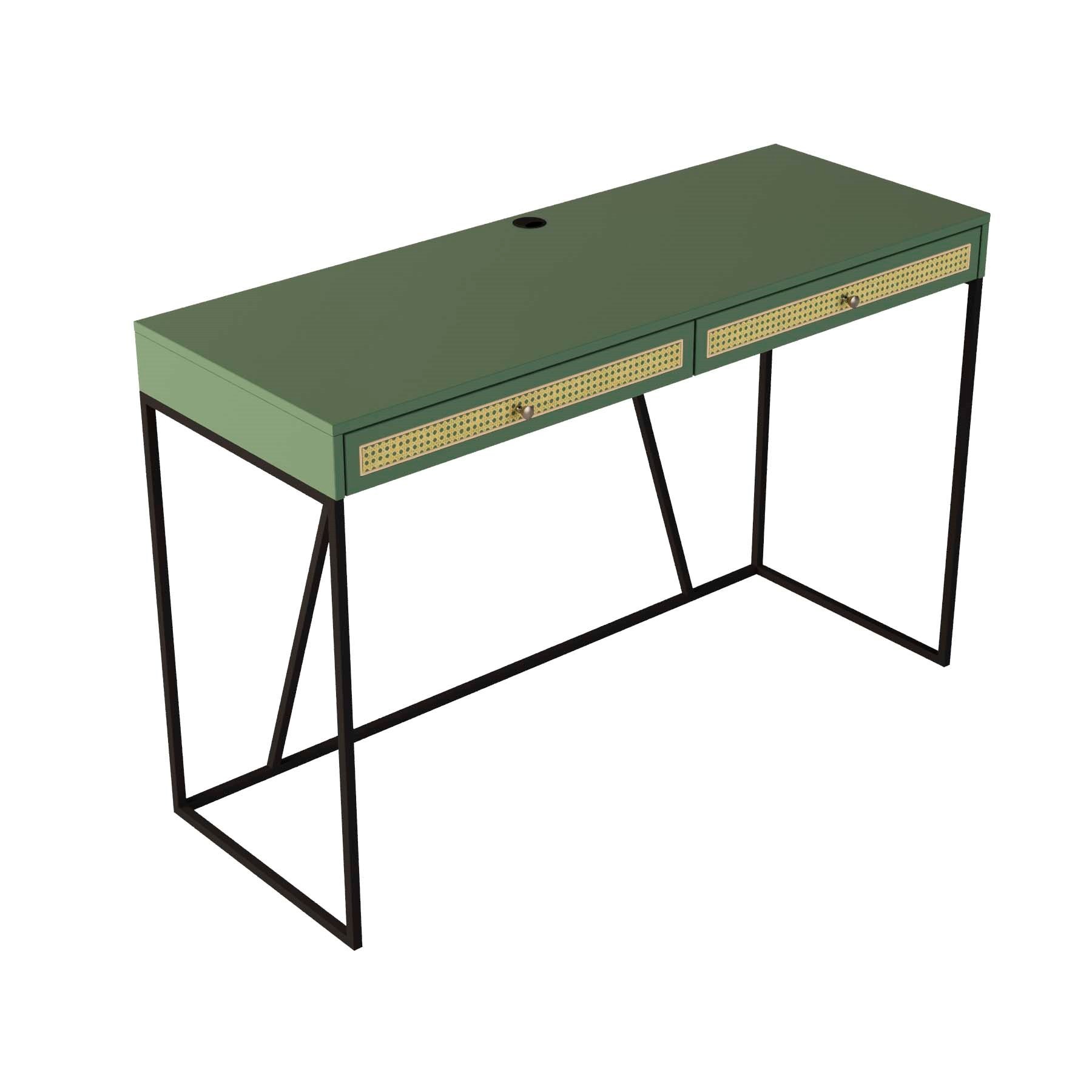 Escrivaninha New York 120 Cm 2 Gavetas Palhinha Base Metal Laca Verde - 3