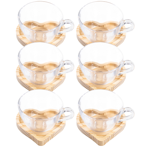 Conj 6 Xícaras e Pires Coração Madeira 12pçs